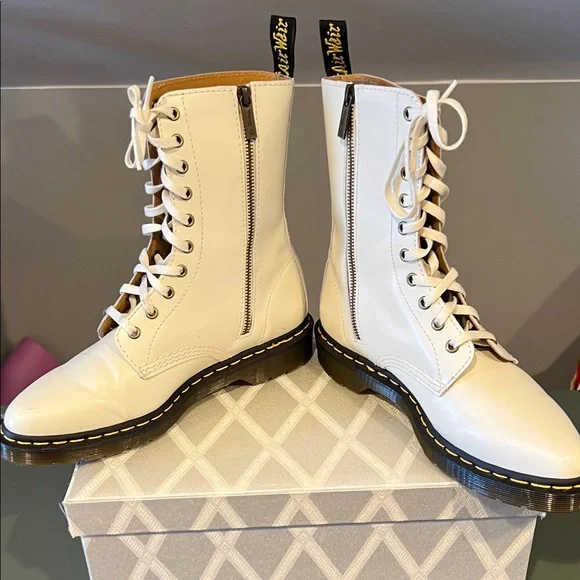 Dr. Martens Off-White Leather Combat Boots - Picture 2 of 8